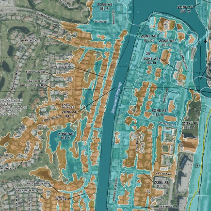 A FEMA flood zone map of Florida, illustrating different flood risk zones.